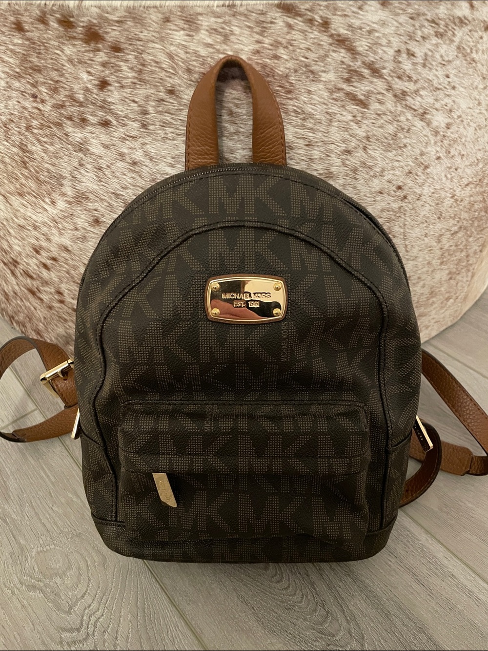 Michael Kors Dark Brown MK Logo Mini Backpack with Gold Plate